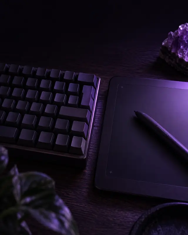 Portrait coming soon: a desk with a keyboard and a pen tablet (illustration)