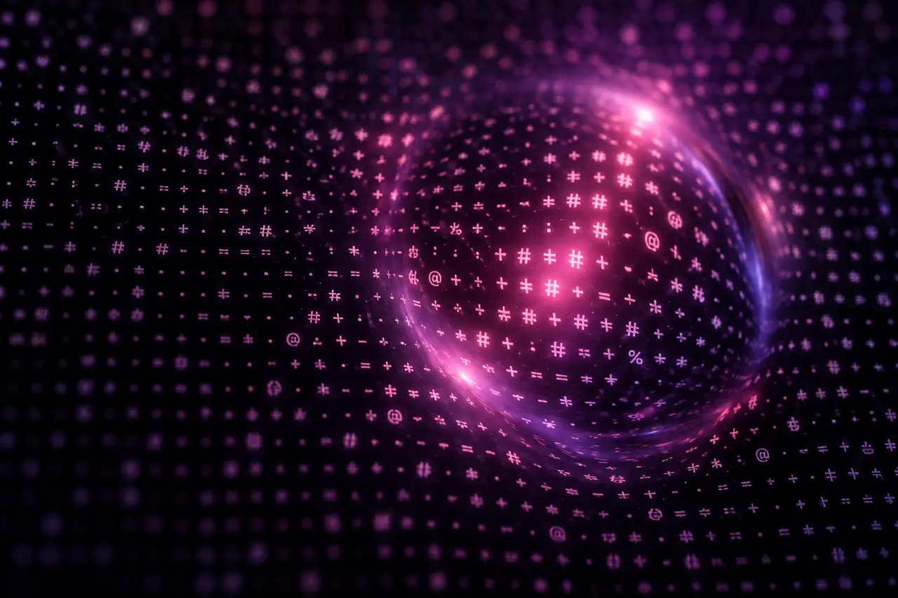 A dense grid of dim ASCII symbols on near-black, warped by a large spherical lens with a hot pink core and a violet rim.